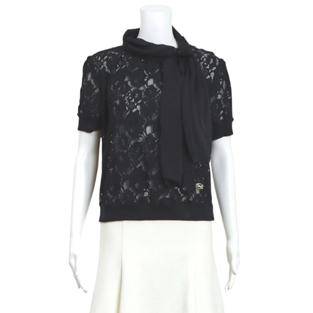 DOLCE & GABBANA Lace Blouse Bow Scarf Collar Tie Neck Black Short Sleeve Crop 44 - Picture 3 of 9